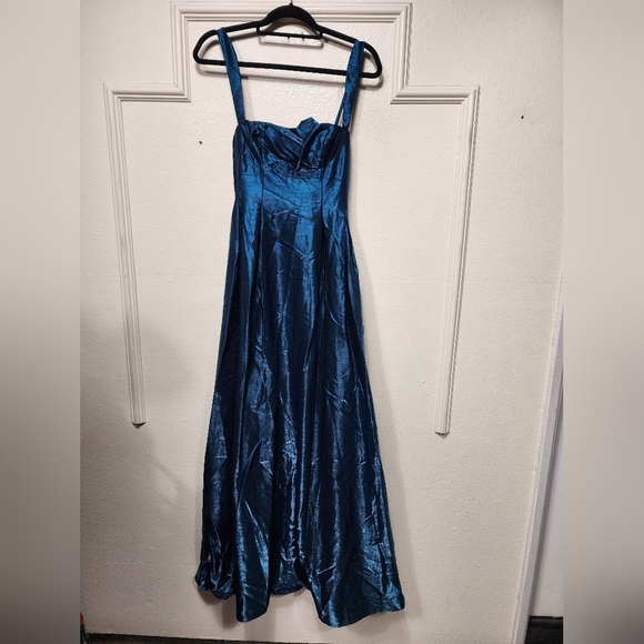 Lulus Immaculate Aura Shiny Dark Teal Taffeta Maxi Dress With Pockets S Wedding - Picture 7 of 11